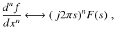 
$$\displaystyle{ \frac{d^{n}f} {dx^{n}}\longleftrightarrow (\,j2\pi s)^{n}F(s)\;, }$$
