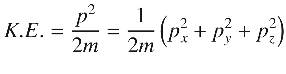 $$ K.E. = \frac{{p^{2} }}{2m} = \frac{1}{2m}\left( {p_{x}^{2} + p_{y}^{2} + p_{z}^{2} } \right) $$