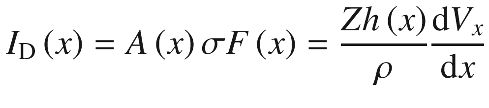 $$ I_{\text{D}} \left( x \right) = A\left( x \right)\sigma F\left( x \right) = \frac{Zh\left( x \right)}{\rho }\frac{{{\text{d}}V_{x} }}{{{\text{d}}x}} $$