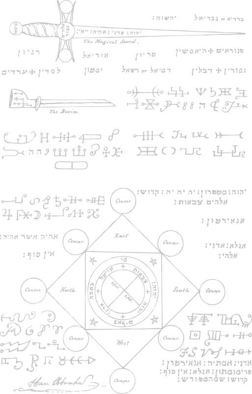 Magic circle, inscriptions and ceremonial implements from The Key of Solomon