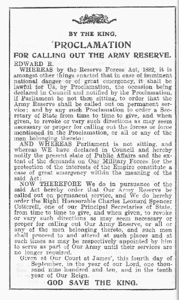 PROCLAMATION FOR CALLING OUT THE ARMY RESERVE