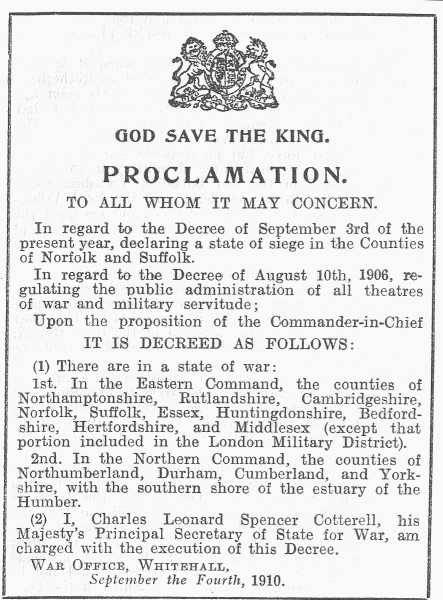 This Proclamation was posted outside the War Office in London at noon on Wednesday, and was read by thousands. It was also posted upon the Town Hall of every city and town throughout the Country.