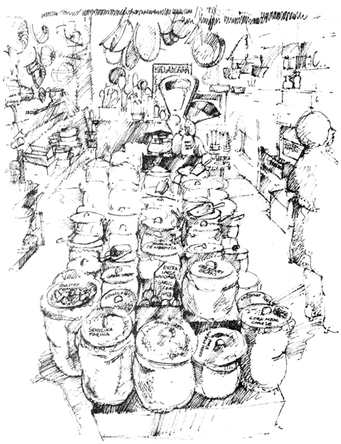 Sketch: a general store with sacks of grains, beans, and nuts