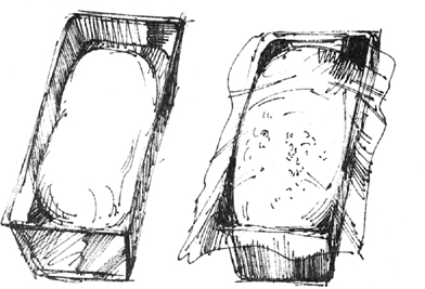 Sketches: Dough in a bread pan, and dough in a bread pan covered with plastic wrap