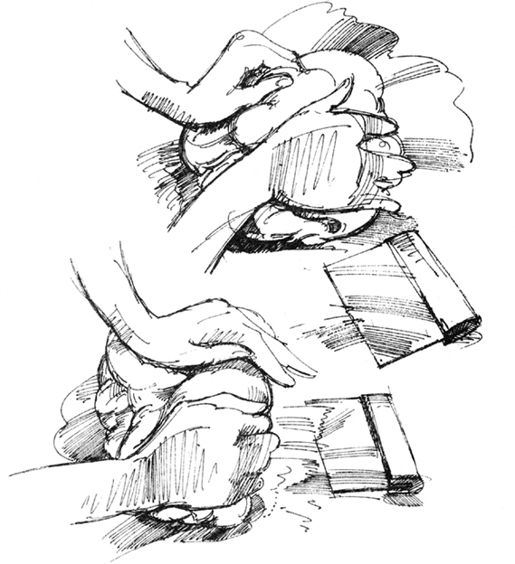 Sketch: Kneading the dough with both hands