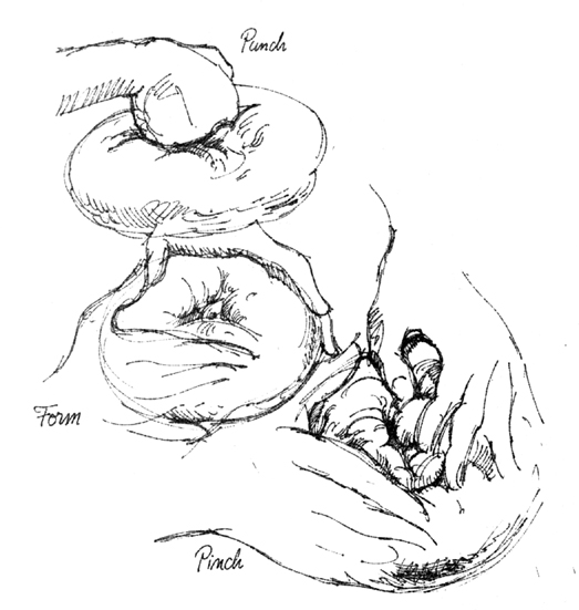 Sketch: Punching down and re-shaping the risen loaf (punch, form, pinch)