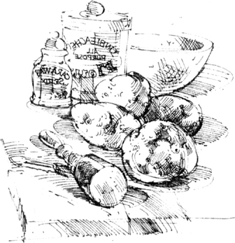 Sketch: Potatoes and tools, on a wooden table