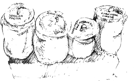 Sketch: Sacks of grains (semolina farina, hominy grits, fine corn meal, and coarse corn meal)