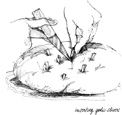 Sketch: Inserting garlic slivers into the dough with a knife