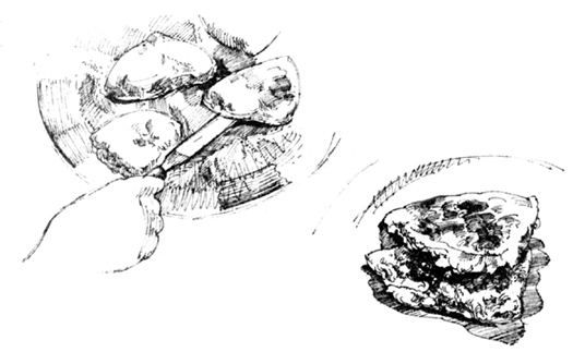 Sketches: Flipping a baking potato scone on a griddle with a knife; the finished scone