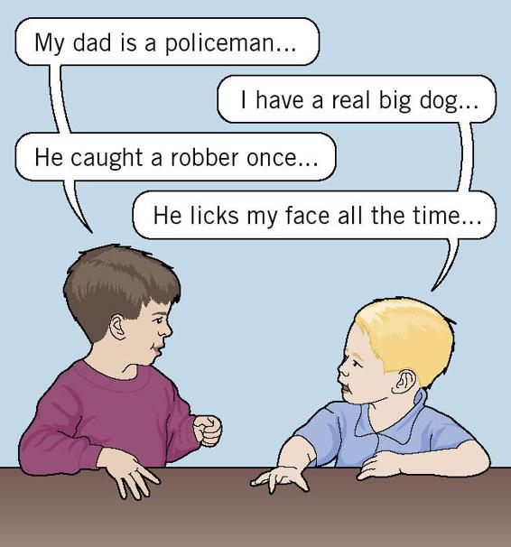 In this cartoon, two young boys are talking. The first boy says, “My dad is a policeman…”. The second boy says, “I have a real big dog…”. The first boy responds, “He caught a robber once…”. The second boy adds, “He licks my face all the time…”.