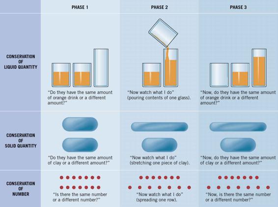 This table shows how four and five year olds perceive conservation of liquid quantity, solid quantity, and number. Each demonstration consists of three phases: an initial phase, a phase where the tester is performing an action as described, and a final phase where the action has been completed, and the challenge question is asked.