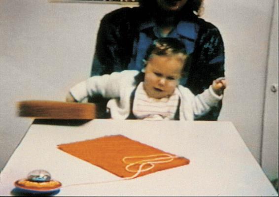 Photo of one-year-old pushing aside a barrier to get access to a toy.