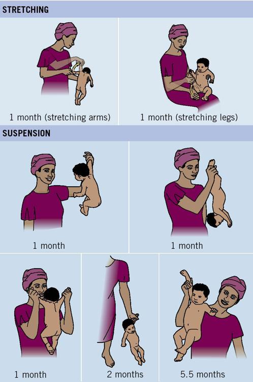 This set of seven drawings shows an adult caregiver exercising an infant to improve motor skills.