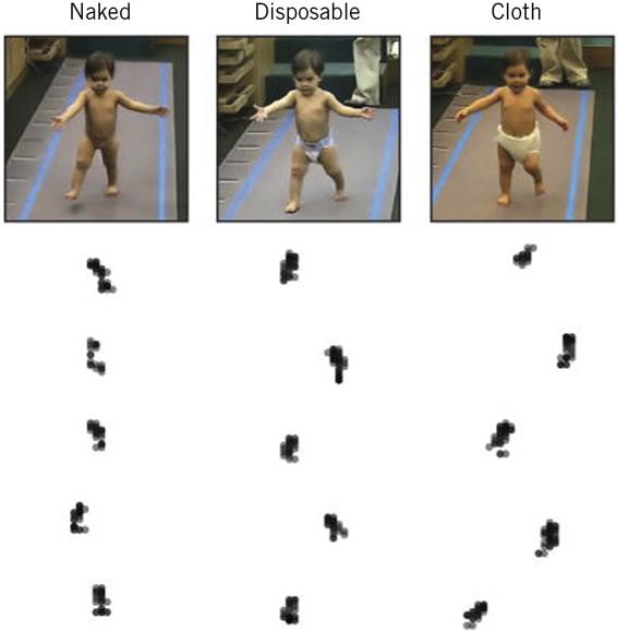 This figure shows the effect of diapers on walking development. Three photos are shown, with a set of footprints for each photo. The child with no diaper has left a straight set of footprints. The baby in the lightweight disposable diaper has straight footprints, but with a lot of horizontal room between, indicating legs are spread for balance. The baby in the bulky cloth diaper has uneven, widely-spaced footprints, indicating some effort needed for balance.