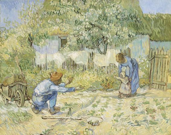 Van Gogh’s painting First Steps, an impressionist view of farmer parents in their garden. The mother is holding her daughter up and encouraging her to take her first steps across the garden to her father.