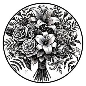 A black and white drawing of a bouquet of flowers  Description automatically generated