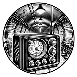 A black and white image of a radio  Description automatically generated