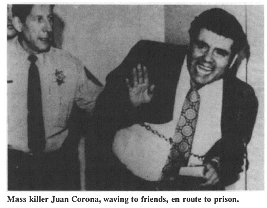 Mass killer Juan Corona, waving to friends, en route to prison.