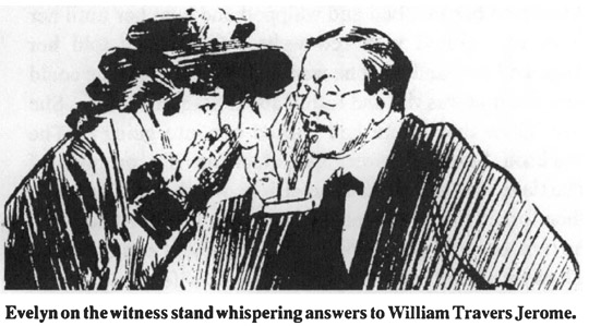 Evelyn on the witness stand whispering answers to William Travers Jerome.