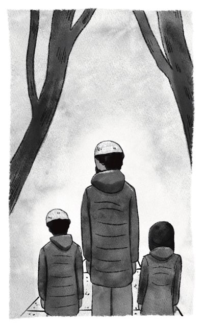 Yusuf, Abbu, and Yusra walking on the sidewalk. They are wearing jackets, and Yusuf and Abbu are wearing tupis while Yusra is wearing a hijab.