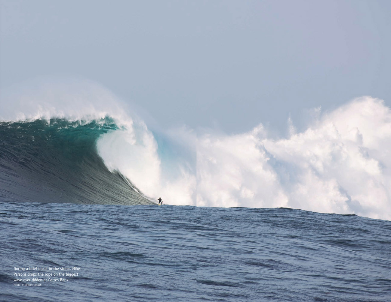 During a brief break in the storm, Mike Parsons drops the rope on the biggest wave ever ridden at Cortes Bank. PHOTO © ROBERT BROWN