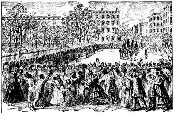 PHALANX REGIMENT RECEIVING ITS FLAGS. Presentation of colors to the 20th United States Colored Infantry, Col. Bertram, in N. Y., March 5th, 1864.