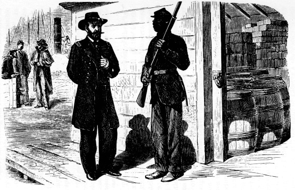 "YOU MUST THROW AWAY THAT CIGAR, SIR!" A Phalanx guard refusing to allow General U. S. Grant to pass by the commissary store-house till he had thrown away his cigar.