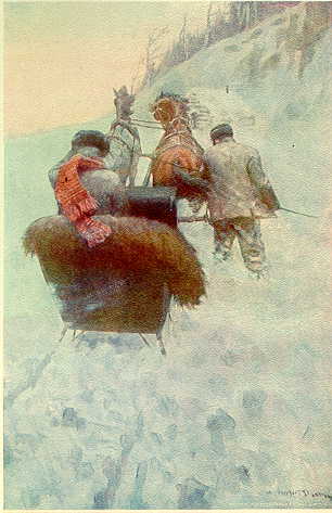 Frontispiece: Floundering on foot beside them he urged the team through the powdery drifts.