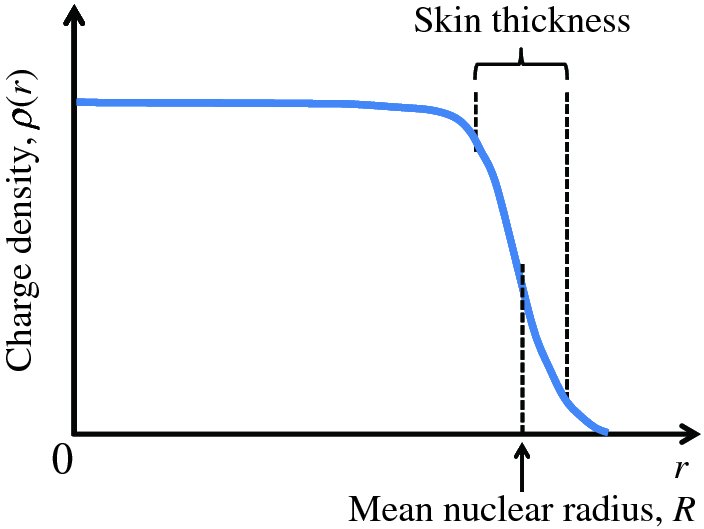 Graph shows charge density, p (r) versus r, where dotted line indicates mean nuclear radius and after curve decreases, calculated space between them is skin thickness.