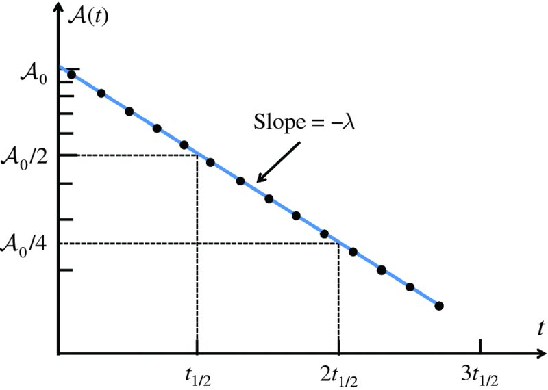 Graph shows plotting on A (t) versus t, where slope has points like A0, A0/2, and A0/4 and slope equals -lambda and points on t axis include t½, 2t½, and 3t½ and plots are indicated with circles.