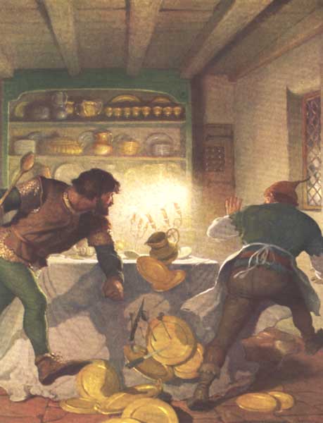 LITTLE JOHN FIGHTS WITH THE COOK IN THE SHERIFF'S HOUSE At last he made a dart upon Roger and the chase grew furious. Dishes, plates, covers, pots and pans—all that came in the way of them went flying.