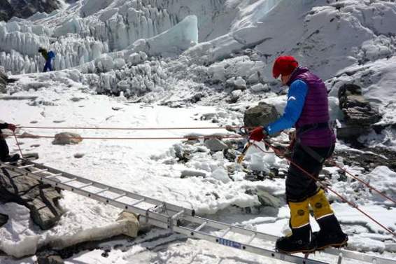 Ladder practice on the Khumbu Glacier