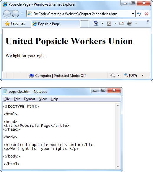 You store HTML documents as ordinary text.Top: The web browser displays the Word document rewritten as an HTML document.Bottom: When you display an HTML file in a text editor, you can easily spot all the text from the original document, along with a few extra pieces of information inside angle brackets (< >). These HTML tags convey information about the document’s structure and formatting.