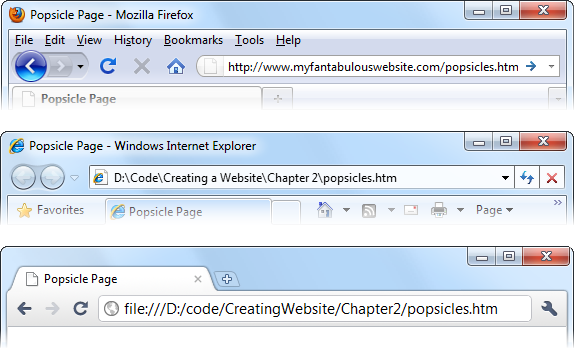 A browser’s address bar reveals where the current web page is really located. If you see “http://” in the address, it comes from a web server on the Internet (top). If you look at a web page on your own computer, you see just an ordinary file path (middle, showing a Windows file location in Internet Explorer), or you see a URL that starts with the prefix “file:///” (bottom, showing a file location in Chrome). Local addresses depend on the browser and operating system you use.