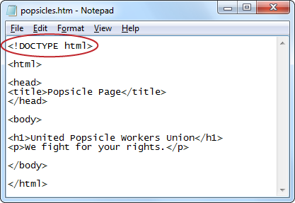 The document type definition (DTD) is the first piece of information in an HTML file. It tells the browser what markup standard you used to write the page.