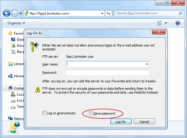 When you first enter an FTP site address, Windows Explorer may try to log you in anonymously and fail. It may then prompt you for your user ID and password (as shown here), or it may display an error message. If you get an error message, click OK, and then select File→Login As from the menu. If you turn on the “Save password” checkbox (circled), you don’t need to repeat this process on subsequent visits.