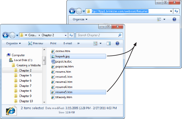 To get Lee Park onto the Web, start by opening a window in your file system using Windows Explorer. Then browse to the appropriate folder on your computer. When you find the resume5.htm and leepark.jpg files you downloaded earlier, select them, and then drag them into the FTP window to start uploading files.