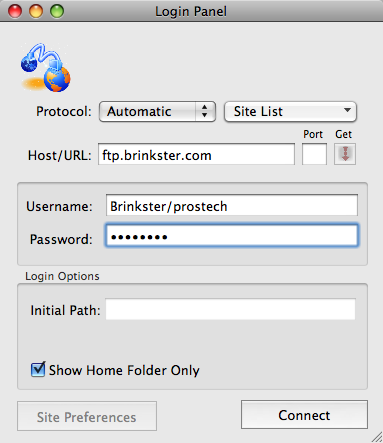 To log in to Rbrowser, supply the name of the FTP server (in the Host/URL box), as well as your user name and password. Don’t worry about setting an initial path; you can always browse to the right subfolder on your website once you make the connection. Finally, click Connect to seal the deal.