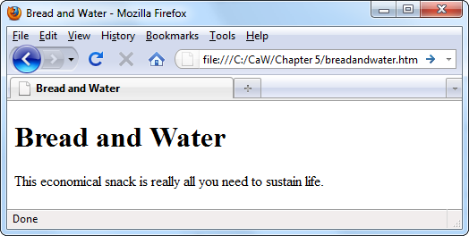 HTML separates block elements by a distance of approximately one and a half lines (in this figure, that’s the space between “Bread and Water” and the sentence below it).