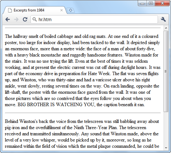 In this example, an <hr> element sits between the two paragraphs, inserting the solid line you see.