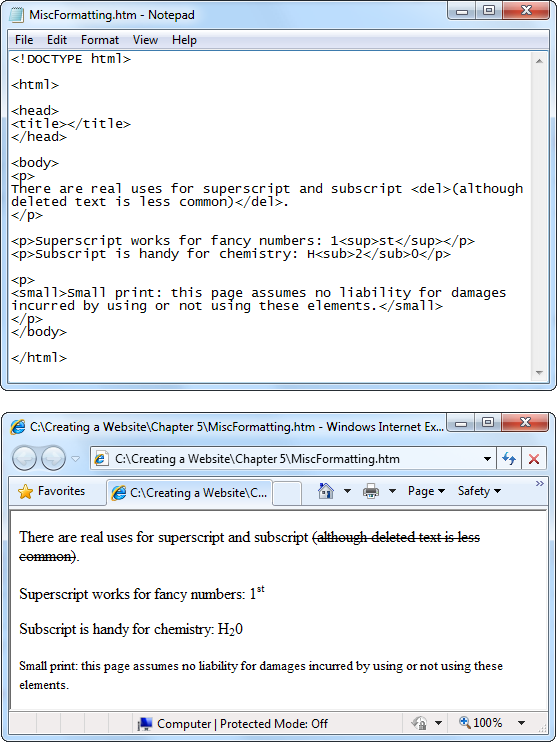 Deleted text, superscript, subscript, and small print in action.