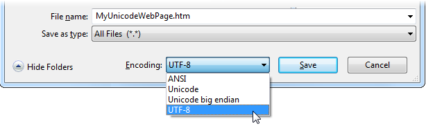 The overwhelming standard of the Web, UTF-8 is a slimmed-down version of Unicode that saves space for normal characters. However, you need to explicitly tell Notepad to use UTF-8 encoding when you save a web page that includes special characters, like accented letters.