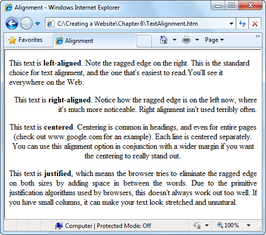 This page shows common types of text alignment.