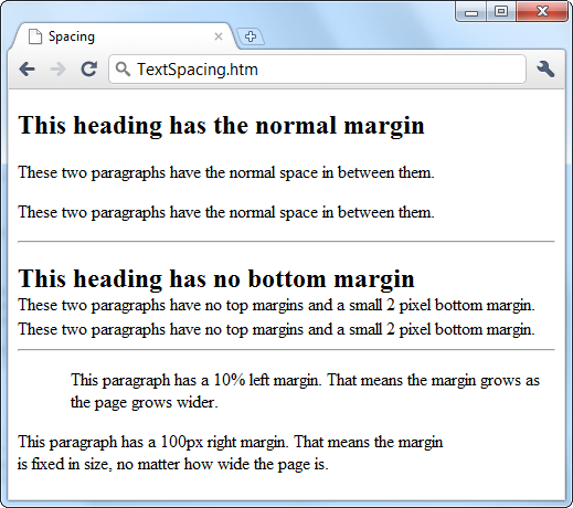 When you want to change the spacing between page elements like headers and paragraphs, you need to consider both the element above and the element below. For example, if you stack two paragraphs on top of each other, two factors come into play—the bottom margin of the top paragraph and the top margin of the bottom paragraph. Browsers use the larger of these two values. That means there’s no point in shrinking the top margin of the bottom element unless you also shrink the bottom margin of the top element. On the other hand, if you want more space, you only need to increase the margin of one of the two elements.