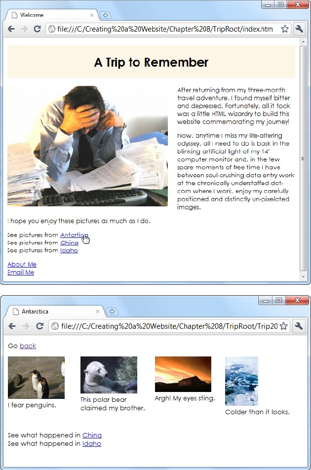 Using a relative link, you can jump from the main index.htm page (top) to a page with picture thumbnails (bottom). Each picture is itself a link—visitors click it to see a larger-sized version of the photo.