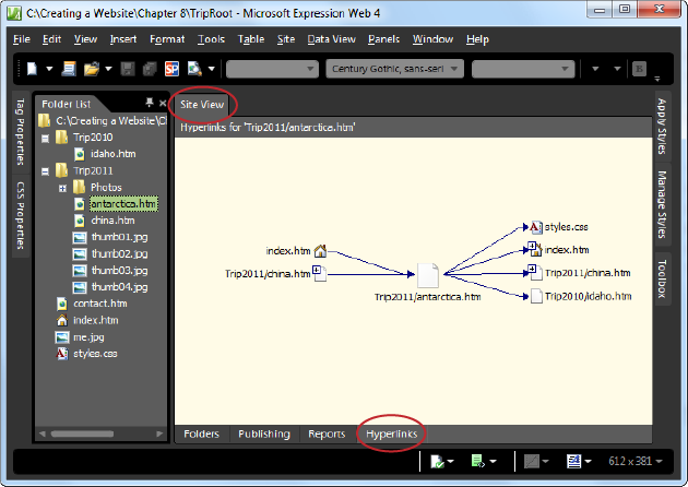 In Expression Web, go to the Site View tab. When you click the Hyperlinks button at the bottom, you see this view, which shows you how the currently selected page fits into your website. In this example, the current page is antarctica.htm. Arrows pointing away from antarctica.htm represent links on that page that lead to other pages. Arrows pointing to antarctica. htm represent links in other pages that lead to antarctica.htm. If you click one of the plus (+) boxes next to another page, you’ll see all the links for that page, too.