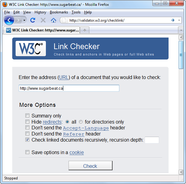 When you use a link checker, choose the web page you want to check, and whether or not you want to use recursion, as in this example. (For the inside scoop on recursion and how it works, see the description in step 3 on the previous page.) Then click Check to get started.