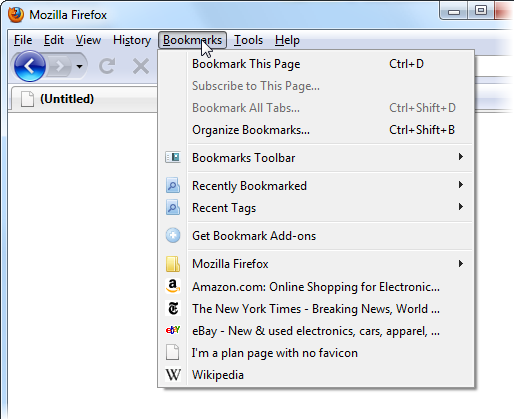 Here, the Bookmark menu shows the customized favicons of Amazon, the New York Times, eBay, and Wikipedia.