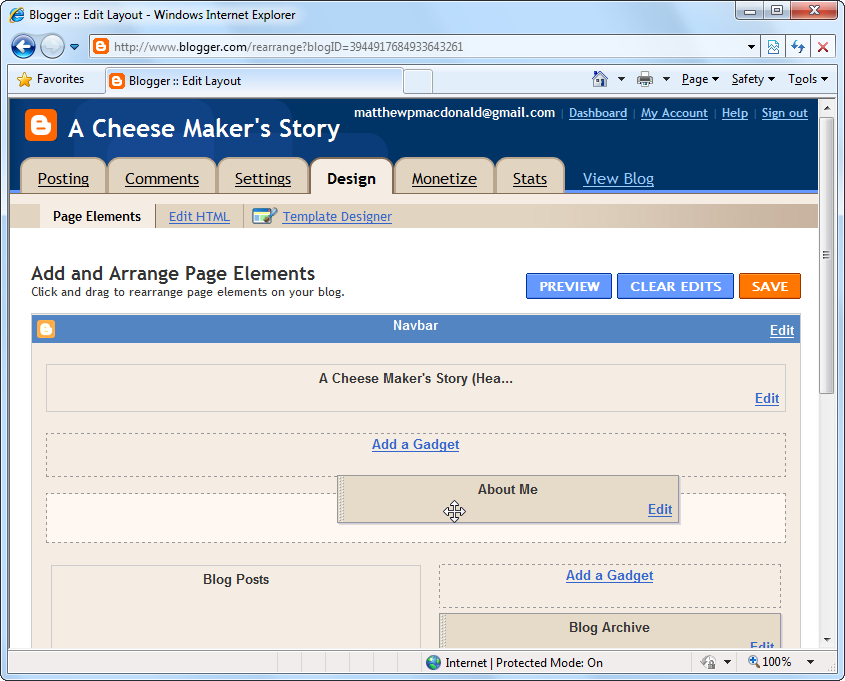 You can drag any gadget to one of the carved-out regions of a page. Your possibilities depend on the layout you set in the template designer (page 374). You may be able to choose from a left or right sidebar, a top header region, and a bottom footer region. Here, the About Me section is being relocated to a more prominent place.